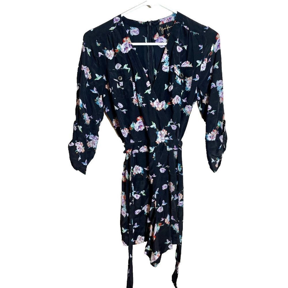 Yumi Kim Liz‎ Romper One Piece Womens Size XS Black Floral Silk Belted V-neck